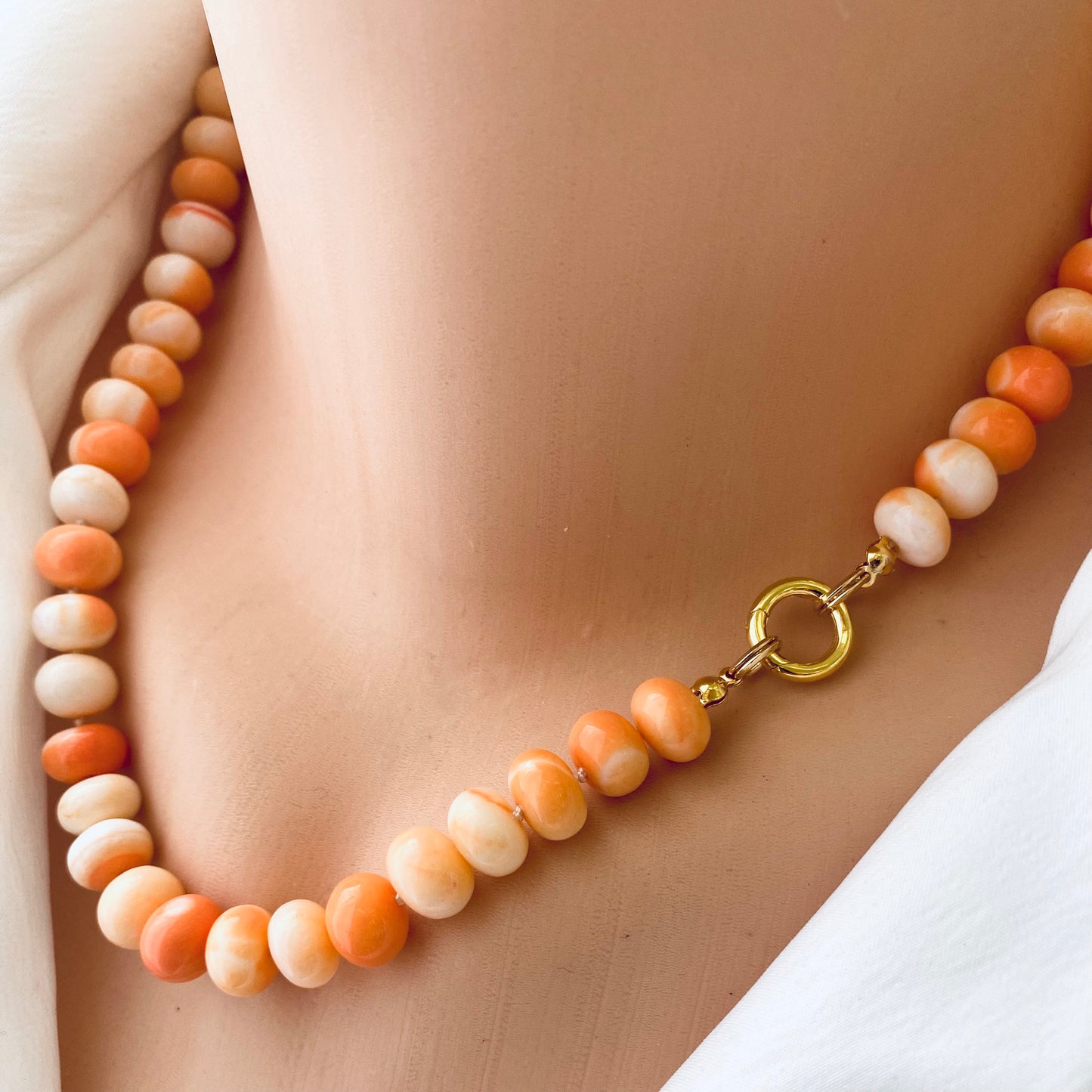 Orange opal candy necklace detail with gold vermeil push lock clasp, handcrafted Canadian jewelry