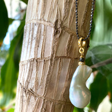 Carica l'immagine nel visualizzatore di Gallery, Long Baroque Pearl & Diamonds Pendant Necklace on Black Rhodium Plated Sterling Silver Ball Chain, 35 inches