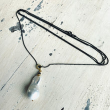 Carica l'immagine nel visualizzatore di Gallery, Sterling Silver Necklace with Long Black Rhodium Plated Chain, Baroque Pearl & Diamonds pave vermeil Pendant, 35 inches