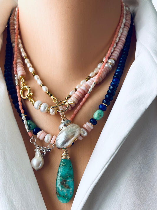 Lapis lazuli chrysoprase pink opal necklace styled layered with gemstone and pearl necklaces