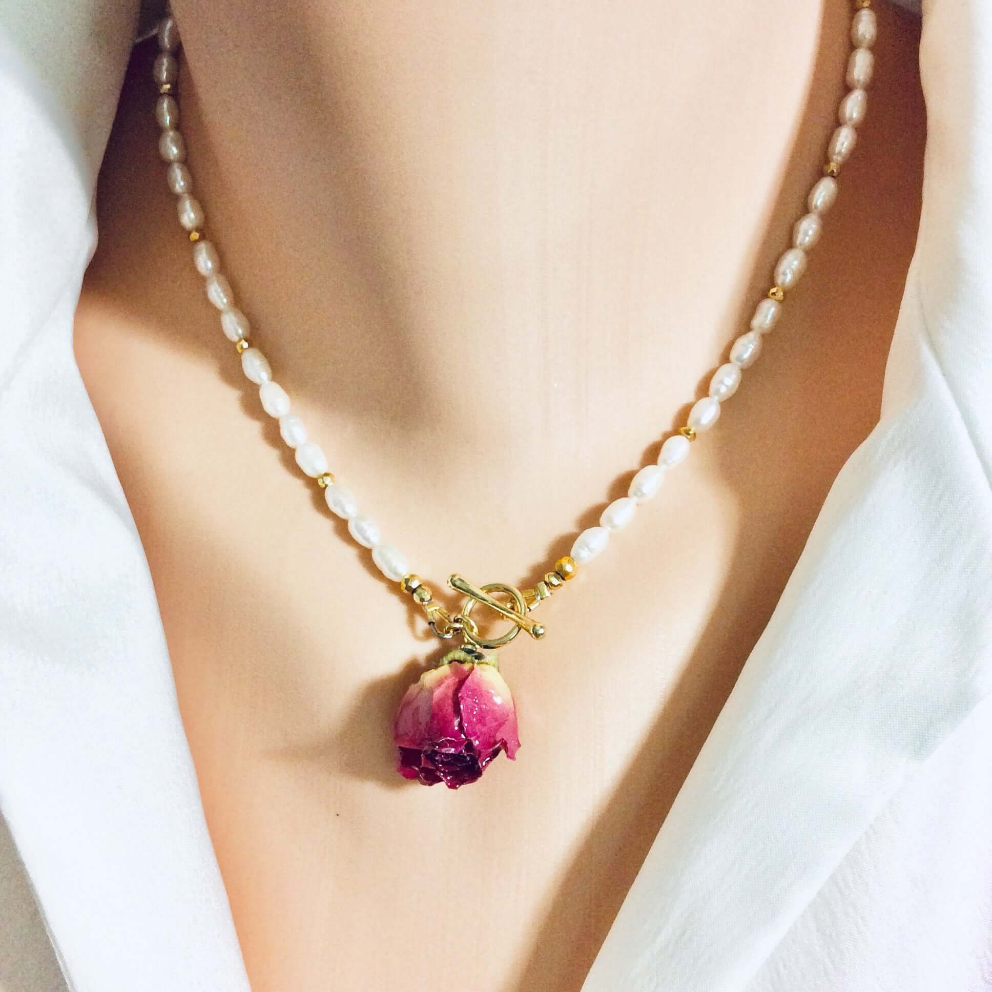 Rose Bud Necklace Real Red Rosebud Pearl Beaded Necklace