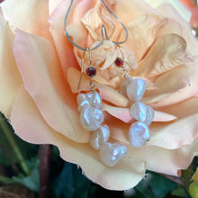 Load image into Gallery viewer, Simple and modern gold filled earrings with deep red bezel cubic zirconia and white keshi pearls