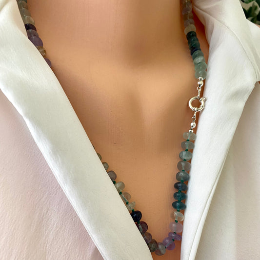 Fluorite candy necklace showcasing vibrant multi-color fluorite beads with a gold push lock or marine clasp.