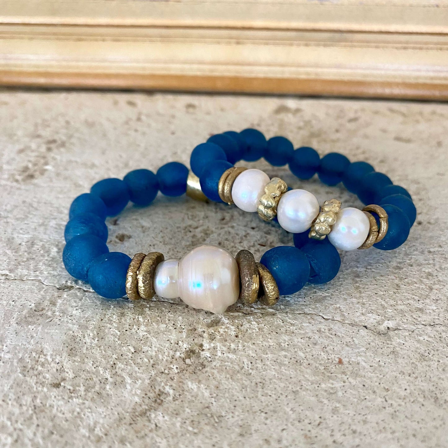 Baroque Pearl & Ocean Blue Glass Bracelet