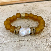 Load image into Gallery viewer, Bracelet with Chunky Baroque Pearls, Gold Whiskey African Tribal Glass, and Stretch Design
