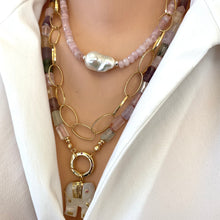 Charger l'image dans la galerie, Collier en quartz rose, améthyste, citrine et préhnite, avec breloque à ressort, plaqué or, 58 ou 62 cm