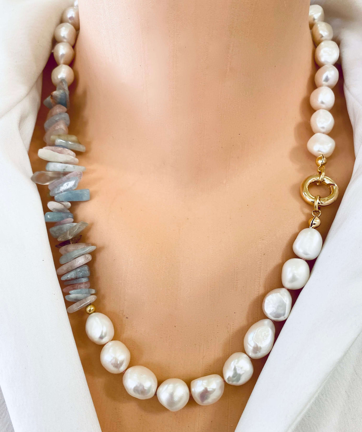 Morganite aquamarine necklace worn on model, pastel gemstone nuggets with large freshwater pearls