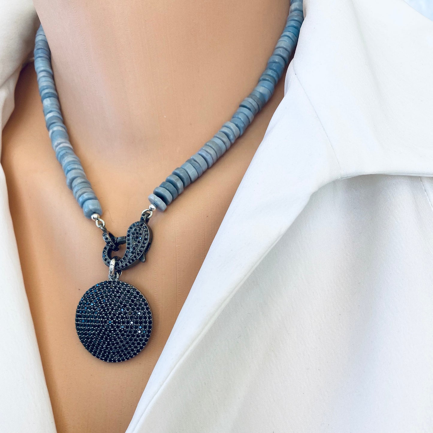 Oregon blue opal candy necklace styling on neckline without pendant, handmade Canadian gemstone jewelry