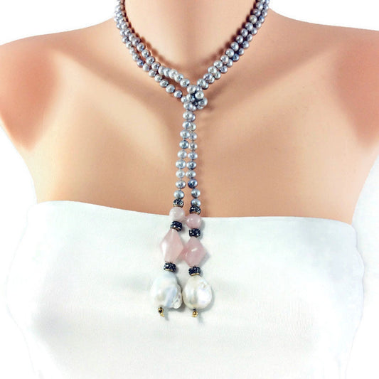 pastel pearl lariat necklace featuring blue-gray freshwater pearls, pink rose quartz, and baroque pearls.