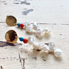 Cargar imagen en el visor de la galería, Unique Baroque Keshi Pearl Earrings adorned with Freshwater Pearls, Red Coral, and Turquoise