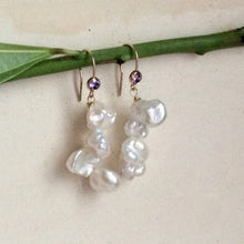Load image into Gallery viewer, White Keshi Pearl Drop Earrings, 14k GF Hook & Purple Cz