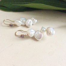 Load image into Gallery viewer, White Keshi Pearl Drop Earrings, 14k GF Hook & Purple Cz