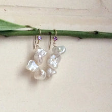 Load image into Gallery viewer, White Keshi Pearl Drop Earrings, 14k GF Hook & Purple Cz