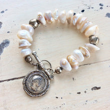 Load image into Gallery viewer, Baroque Pearl Charm Bracelet, Roman Coin Charm