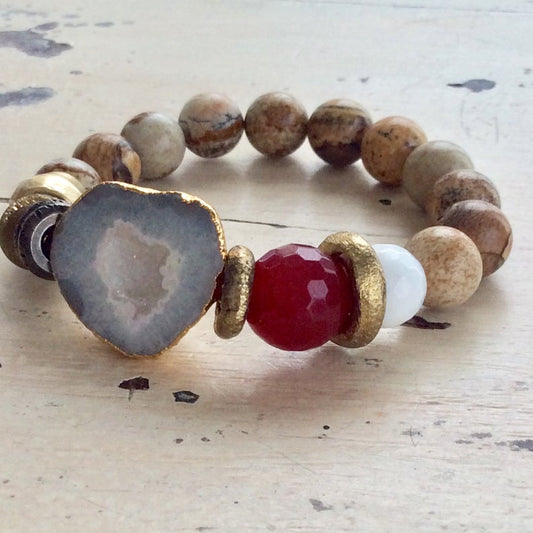 Bracelet en quartz blanc clair et cristal druzy, bracelet en jaspe naturel