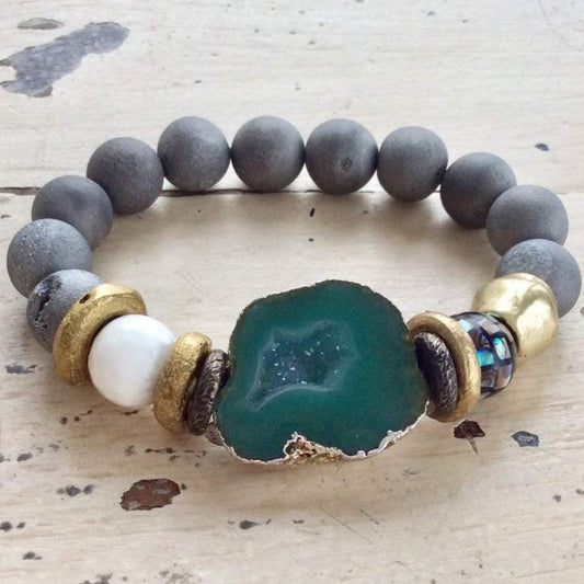 Bracelet de perles en agate druzy verte