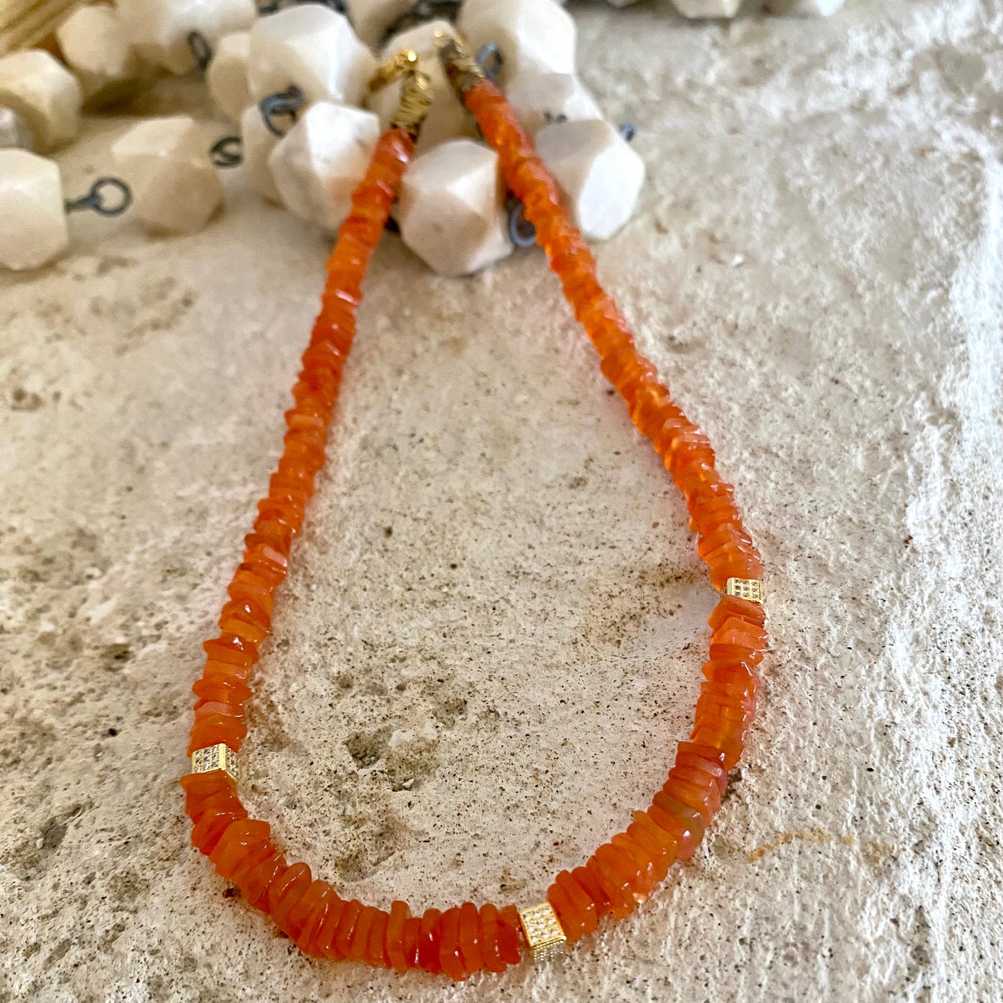 Carnelian choker necklace featuring vibrant orange gemstone beads, handcrafted for a bold and elegant look.
