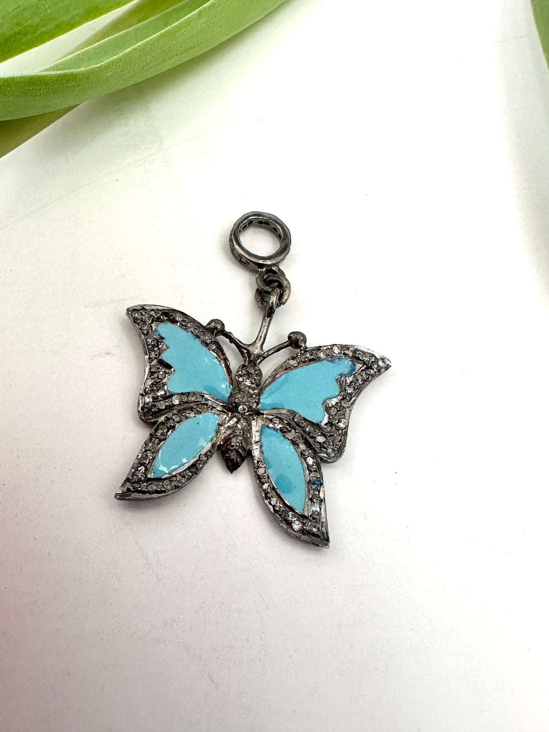 Blue butterfly charm necklace charms in oxidized silver