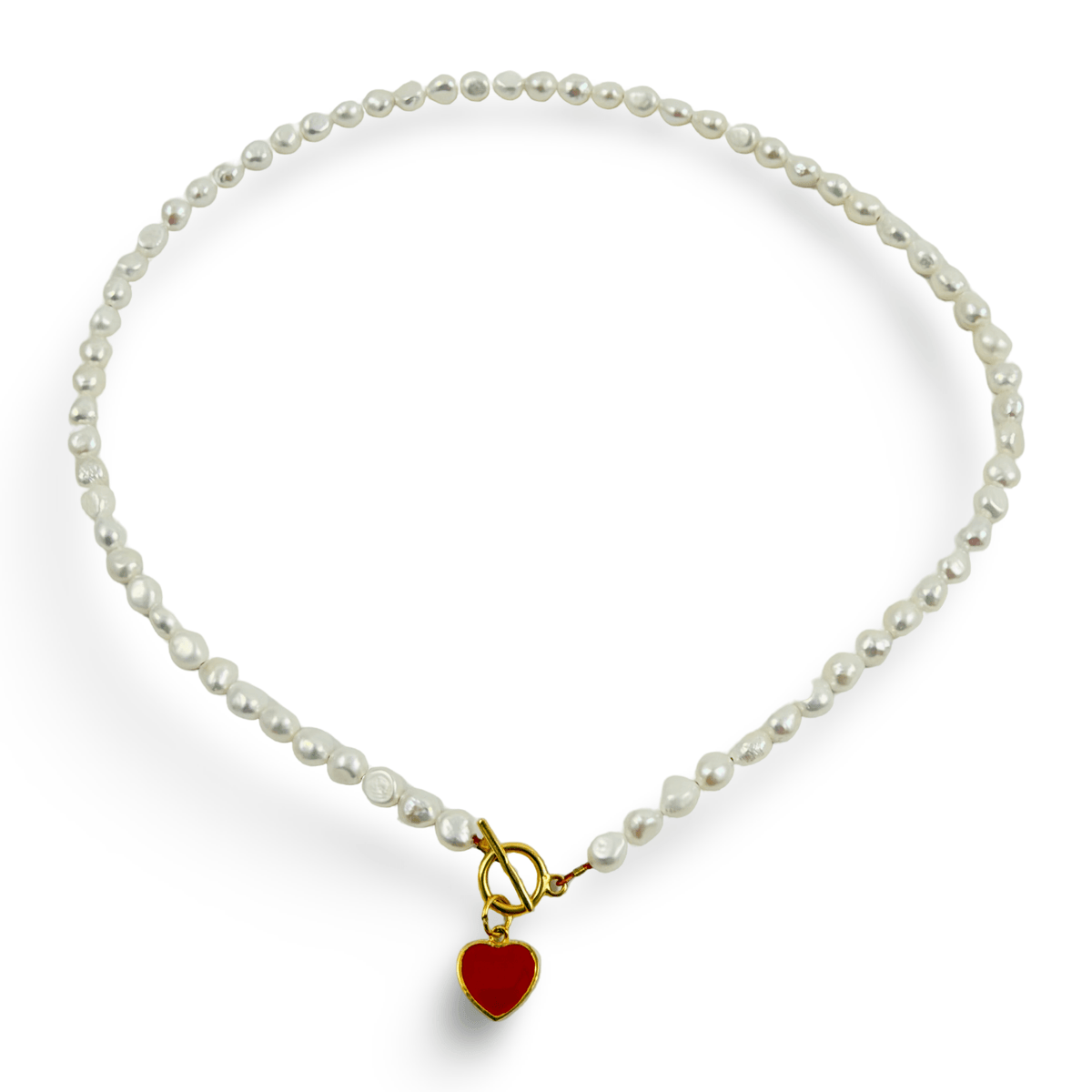 16 inches tiny freshwater pearl necklace 4-5mm with red heart charm design, gold vermeil toggle clasp