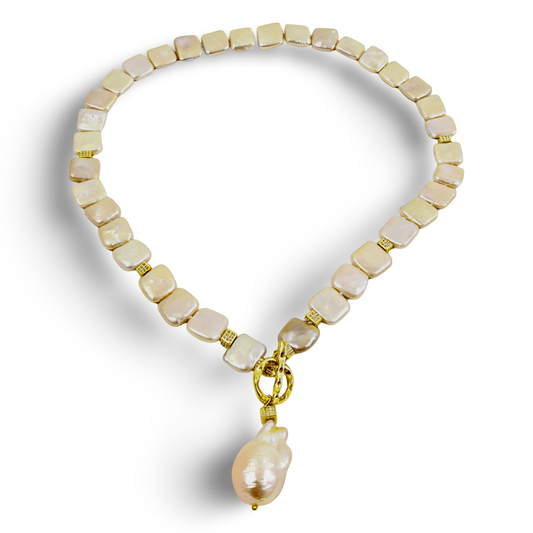 18 to 18.5 inches long gold square shaped pearls with gold vermeil toggle clasp and baroque pear pendant same color
