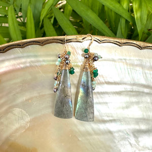 Labradorite, Amazonite, Green Onyx & Black Pearls Cluster Earrings