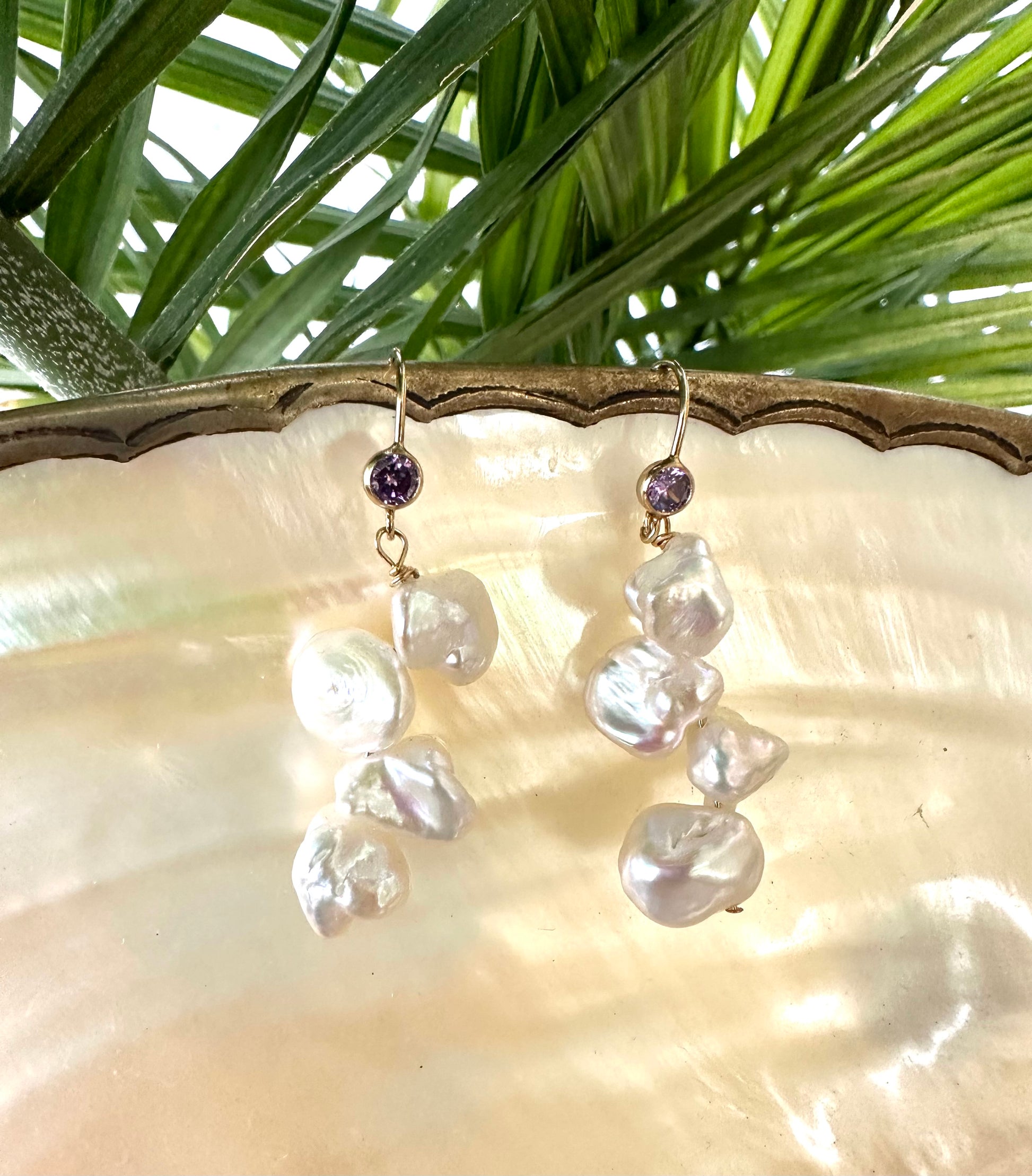Keshi Pearl Drop Earrings featuring unique keshi pearls and purple CZ, beautifully handmade in Canada.