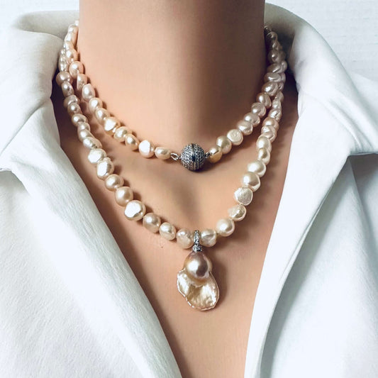 35.5 inches long 33 inches long Convertible Peach & Ivory Baroque Pearl Necklace with Statement Pendant