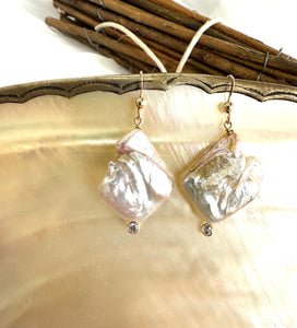 Diamond Shape Pearl Drop Earrings & Clear Cz