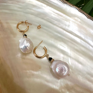 White Baroque Pearl Hoop Earrings, Black Spinel & Diamonds Pave, GV