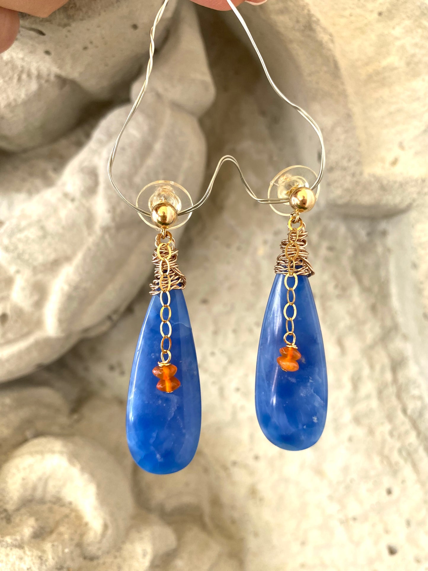 Blue Onyx Carnelian Earrings – Teardrop 14k Gold Filled featuring blue onyx and carnelian beads, handmade in Canada.