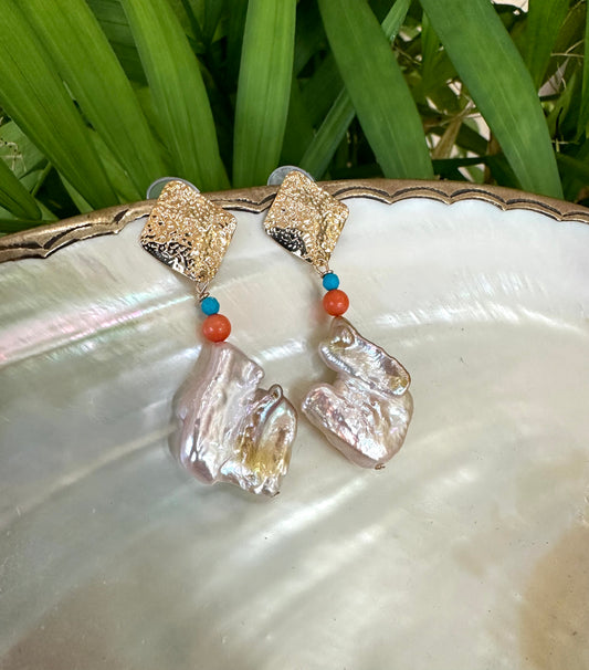 Baroque Pearl Turquoise Coral Earrings featuring bold baroque pearls, turquoise, and coral in a modern design.