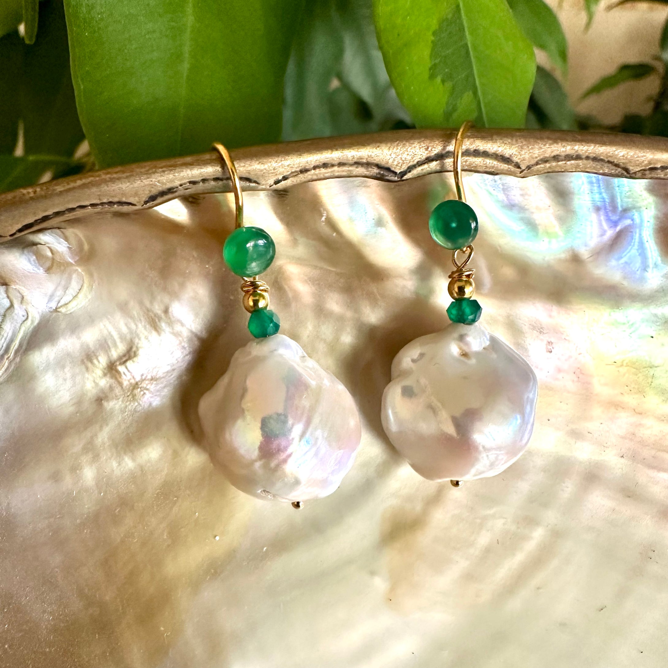 White Baroque Pearl Drop Earrings with Green Agate