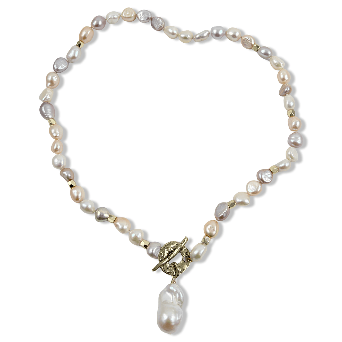 9-10mm pastel pearl necklace with artisan bronze toggle clasp and white baroque pearl pendant