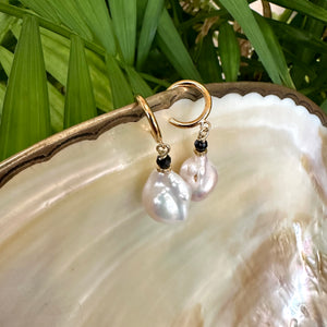 White Baroque Pearl Hoop Earrings, Black Spinel & Diamonds Pave, GV