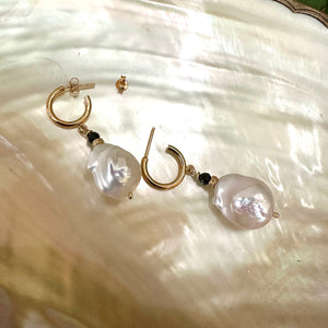White Baroque Pearl Hoop Earrings, Black Spinel & Diamonds Pave, GV