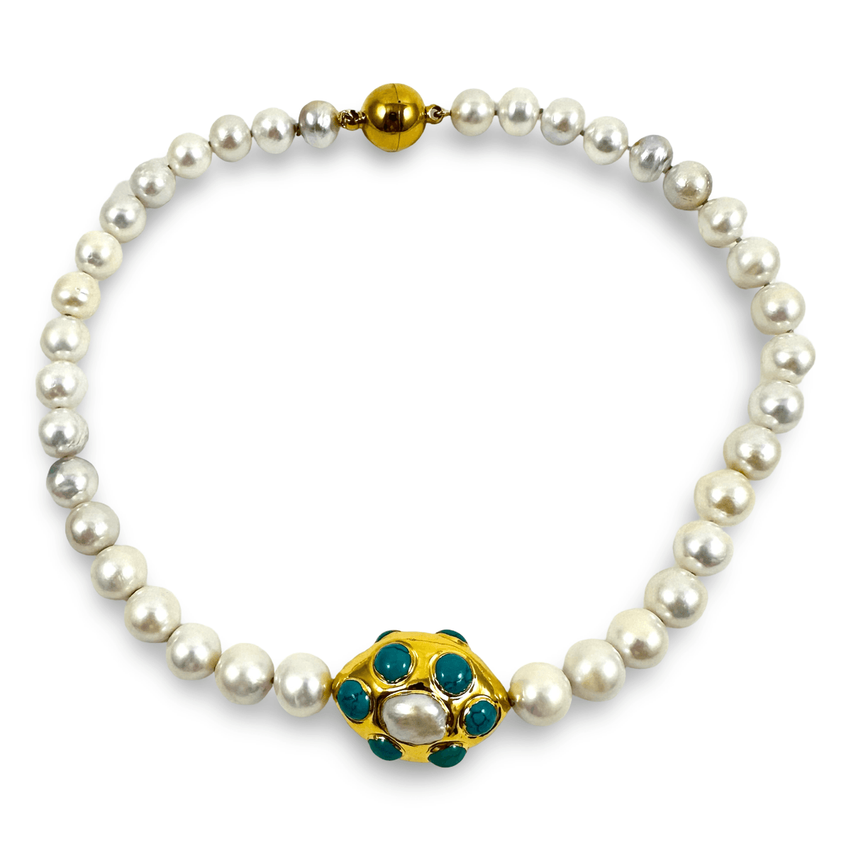 hand knotted 9–11mm silver white Edison pearls, accented with 18kt gold-plated accents adorned with Turquoise and pearls and finished with a strong magnetic ball clasp.