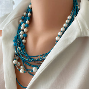 11 Strands Turquoise Necklace with Fresh Water pearls and Silver Coated Pyrite Beads