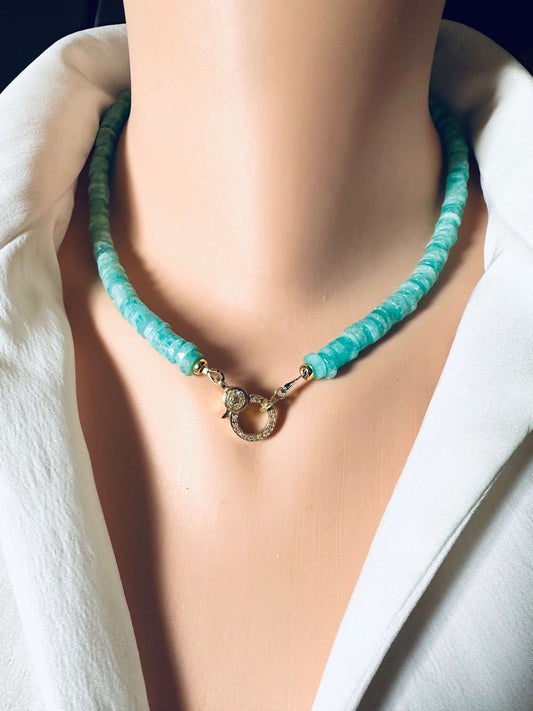Blue amazonite gemstone necklace with diamond pavé gold vermeil clasp displayed on a mannequin.