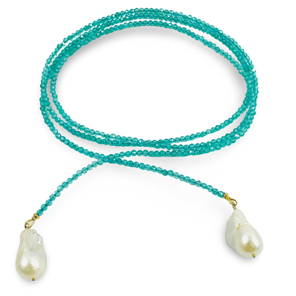A 46" inch strand apatite beaded necklace with two large, irregular white baroque pearls suspended from gold-toned settings, displayed on a clean white background.