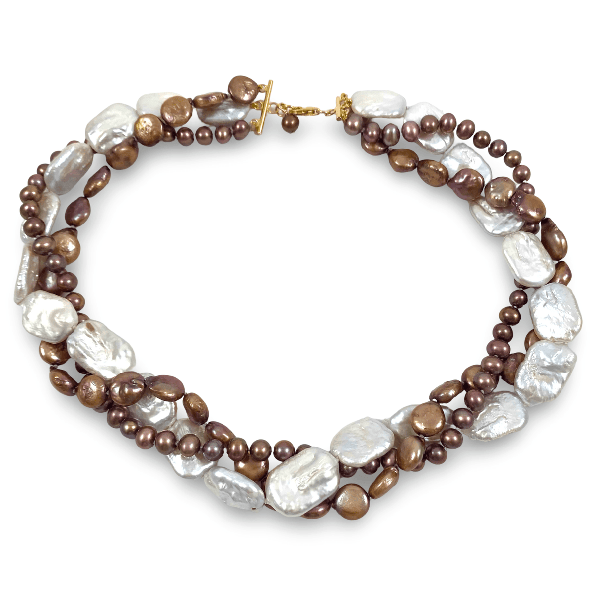 A multi-strand baroque pearl necklace with mixed brown and white pearls, accented by small metallic brown beads and a gold clasp, shown on a plain white background.