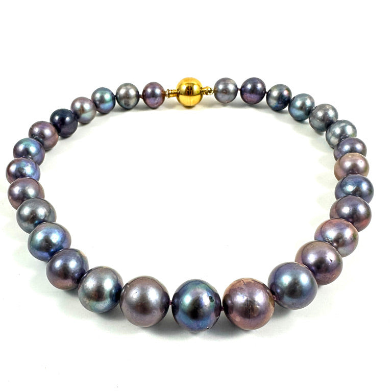 A strand of iridescent freshwater pearls with a metallic gold clasp, displayed on a clean white background.