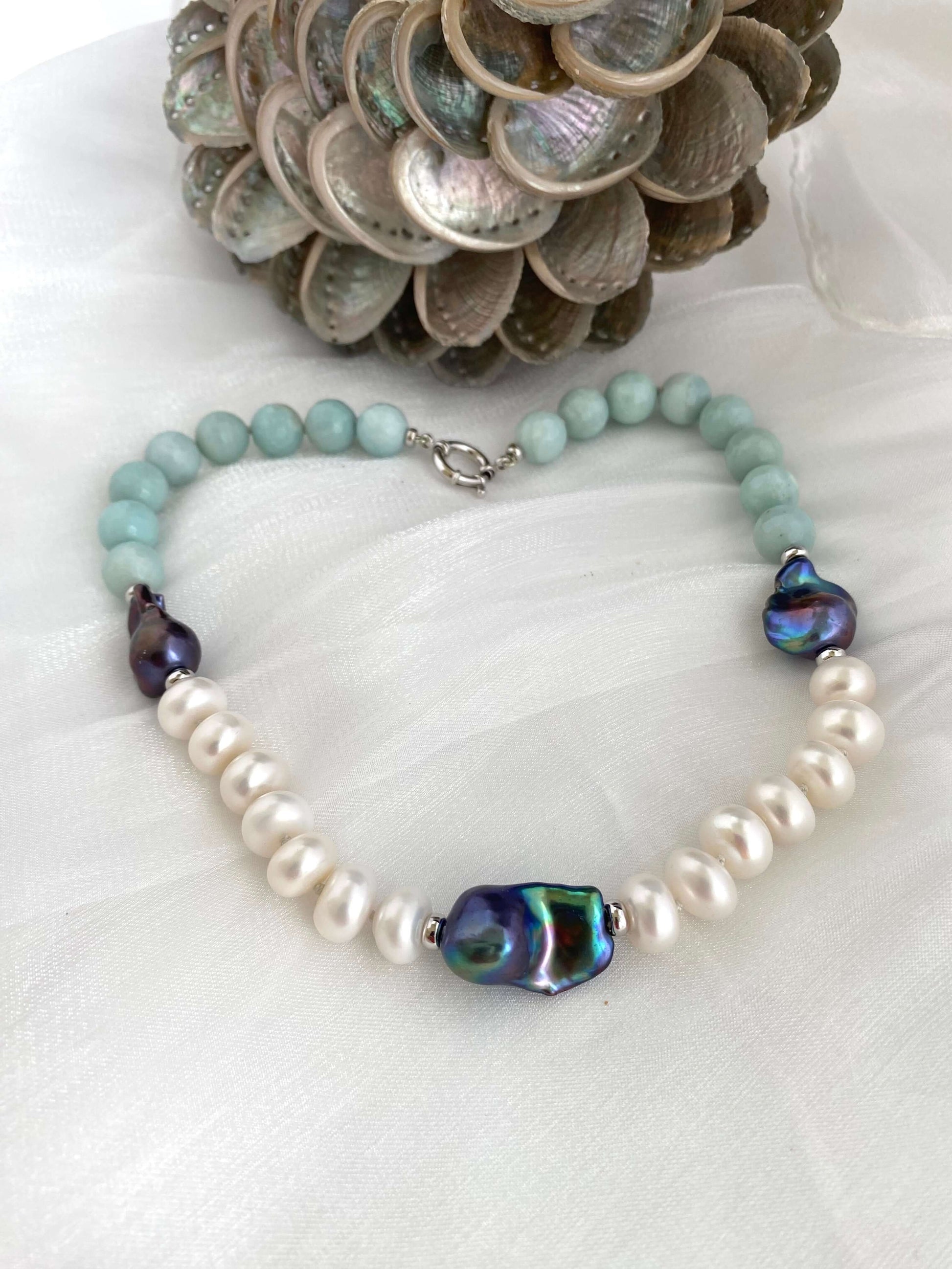 Amazonite pearl necklace featuring vibrant blue amazonite beads, baroque and coin pearls for a bold and elegant look.