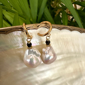 White Baroque Pearl Hoop Earrings, Black Spinel & Diamonds Pave, GV