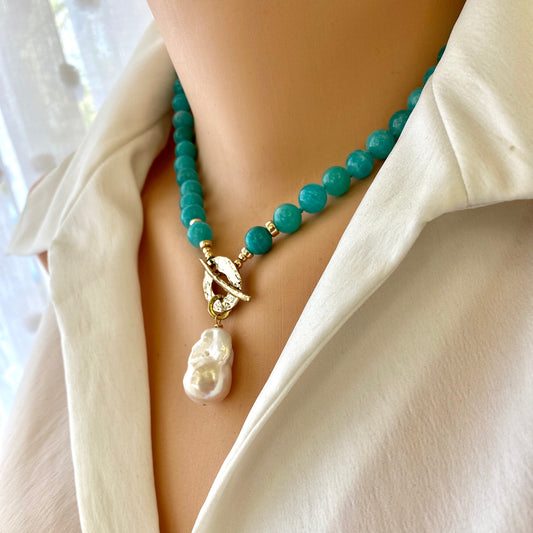 Blue Amazonite & White Baroque Pearl Necklace with artisan bronze details