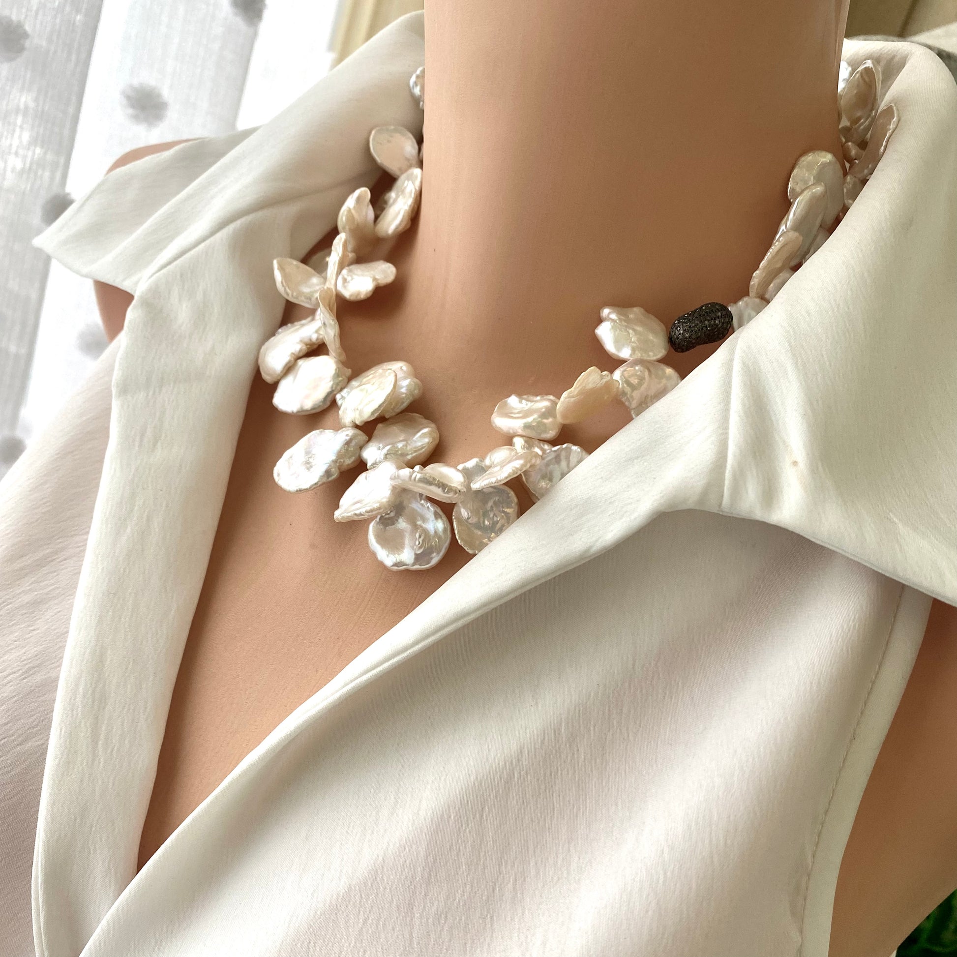 Bridal Petal Pearl Necklace – Oxidized Silver & Pave Diamond Design featuring luminous freshwater keshi pearls.