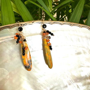 Bumble Bee Teardrop Stone, Carnelian & Onyx Cluster Earrings