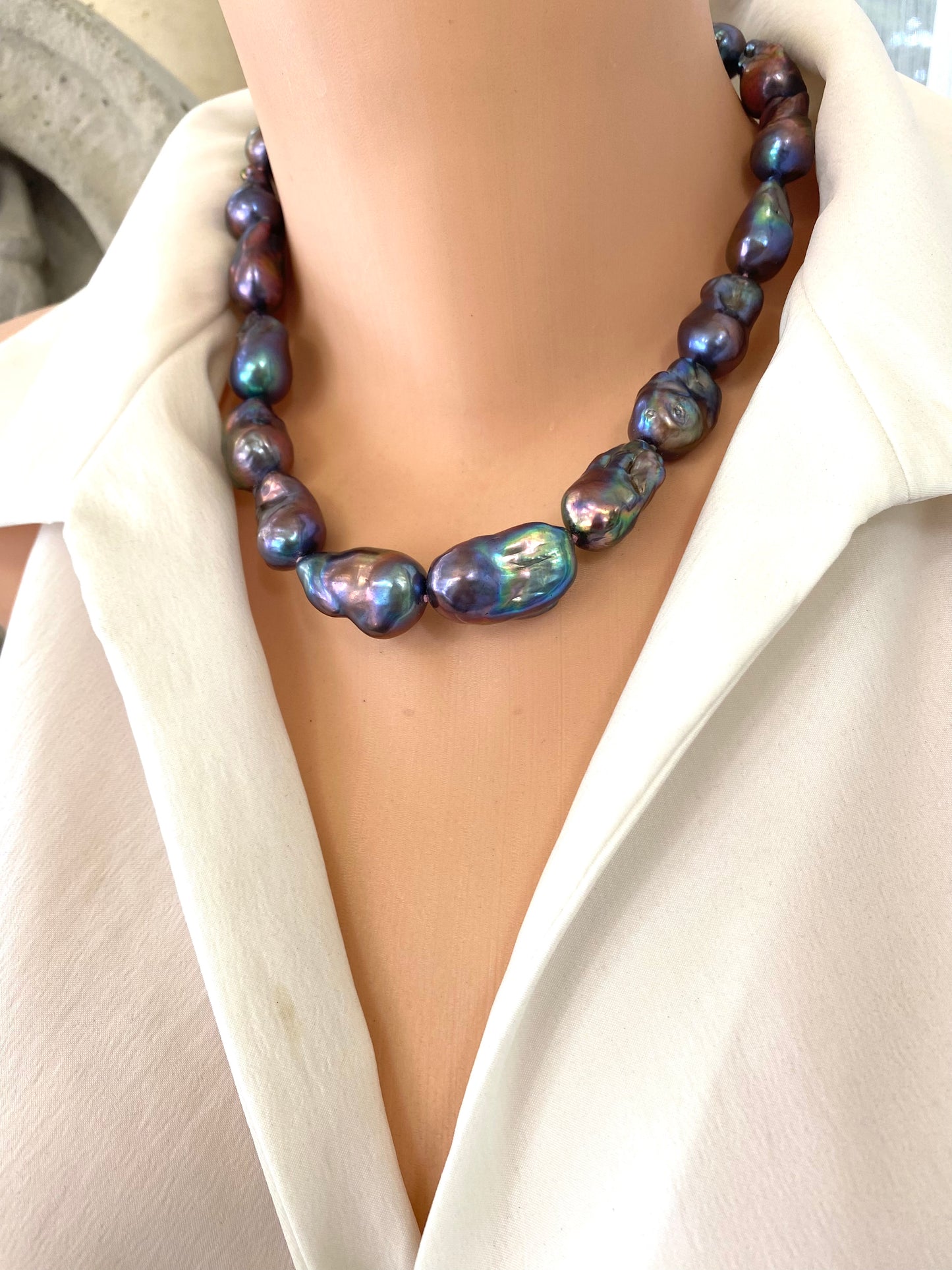 Black Baroque Pearl Necklace | Handcrafted Chunky Design showcasing unique peacock-black freshwater baroque pearls.