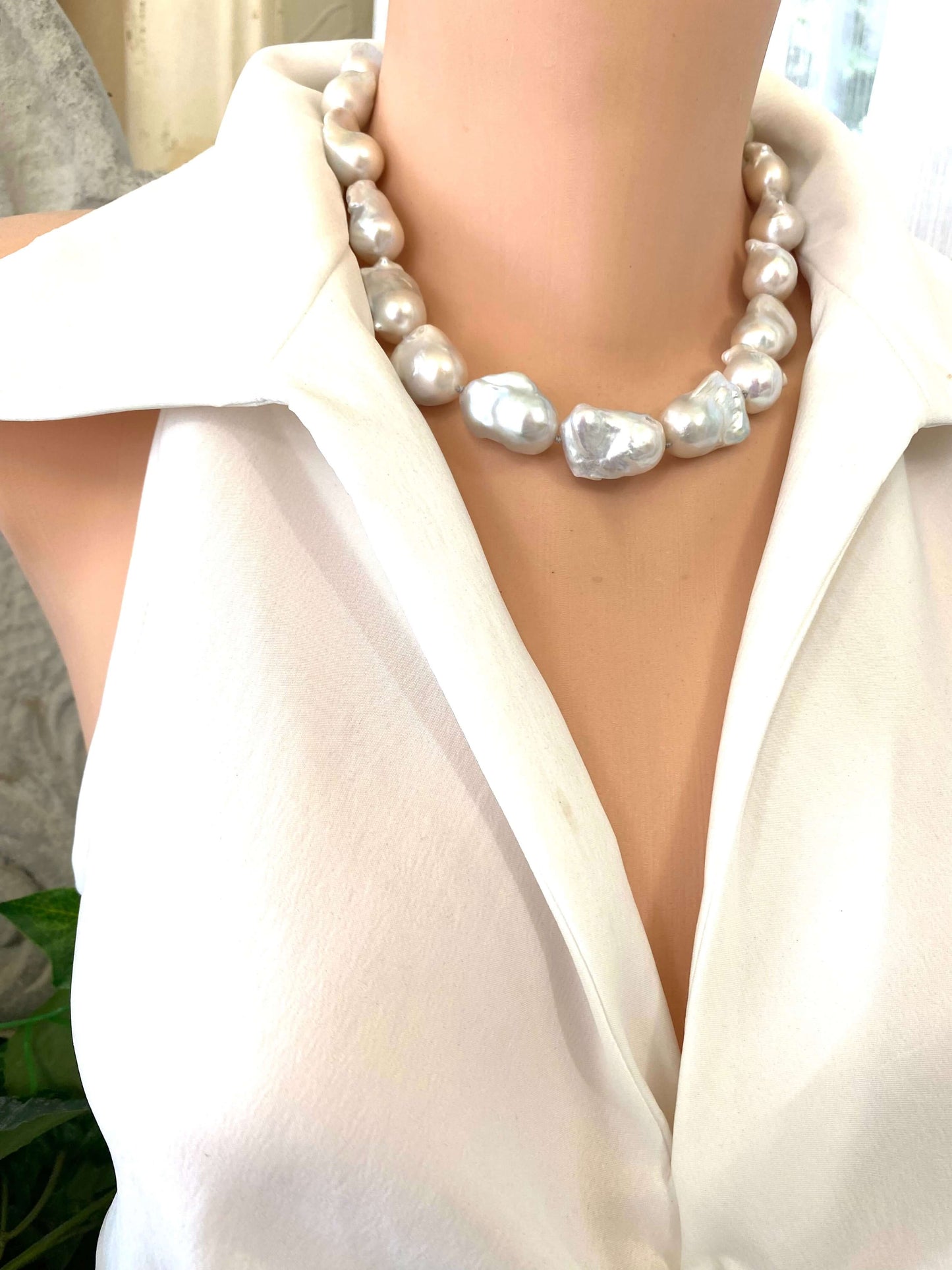 Baroque Pearl Chunky Necklace featuring large white freshwater baroque pearls, handcrafted statement jewelry.