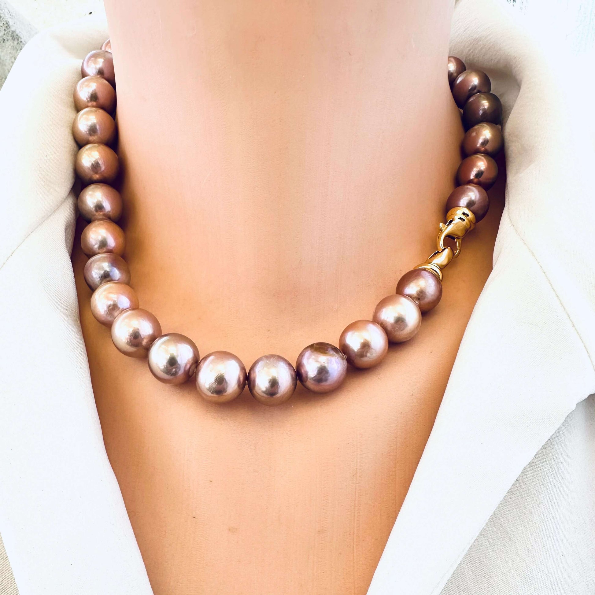 Metallic Edison Pearl Necklace with large, lustrous pearls, handcrafted design, showcasing elegance and unique beauty.