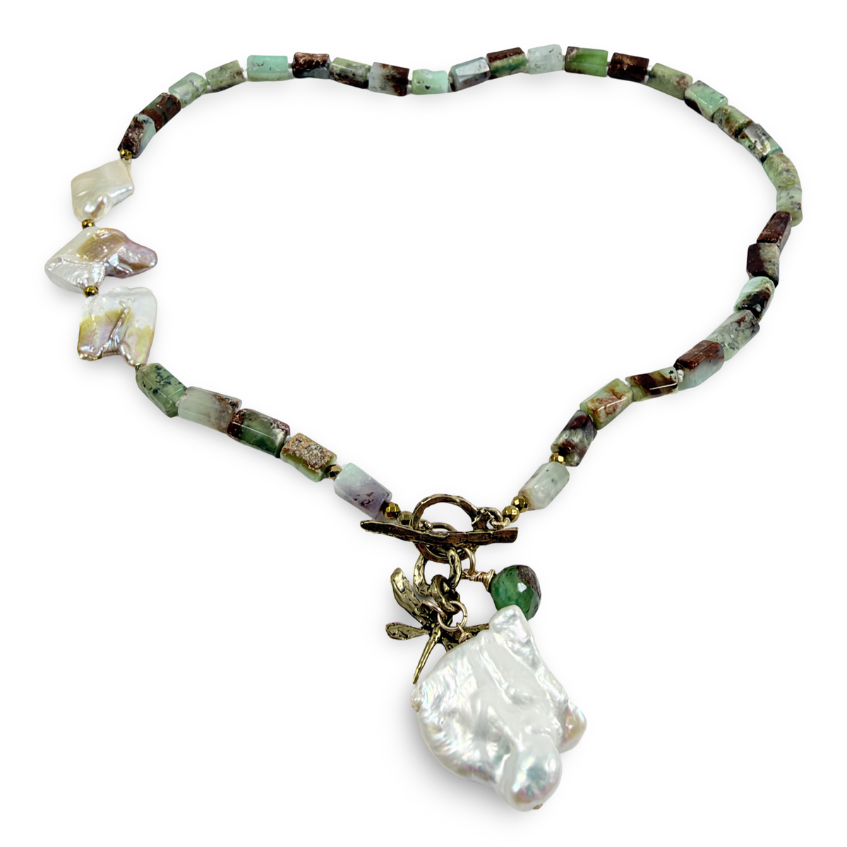 Chrysoprase Necklace with Dragonfly Charm and Baroque Pearl